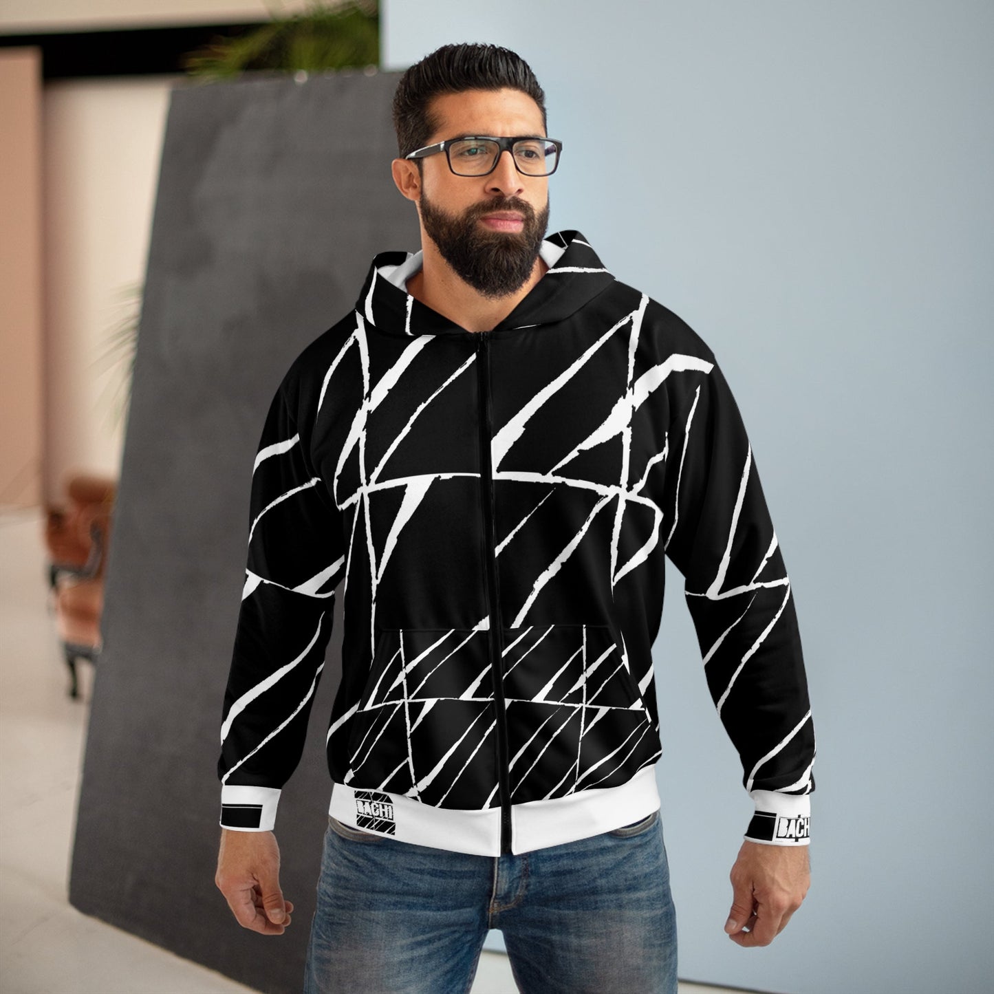 Unisex Zip Hoodie Bachi Black Square Takeover AOP Printify