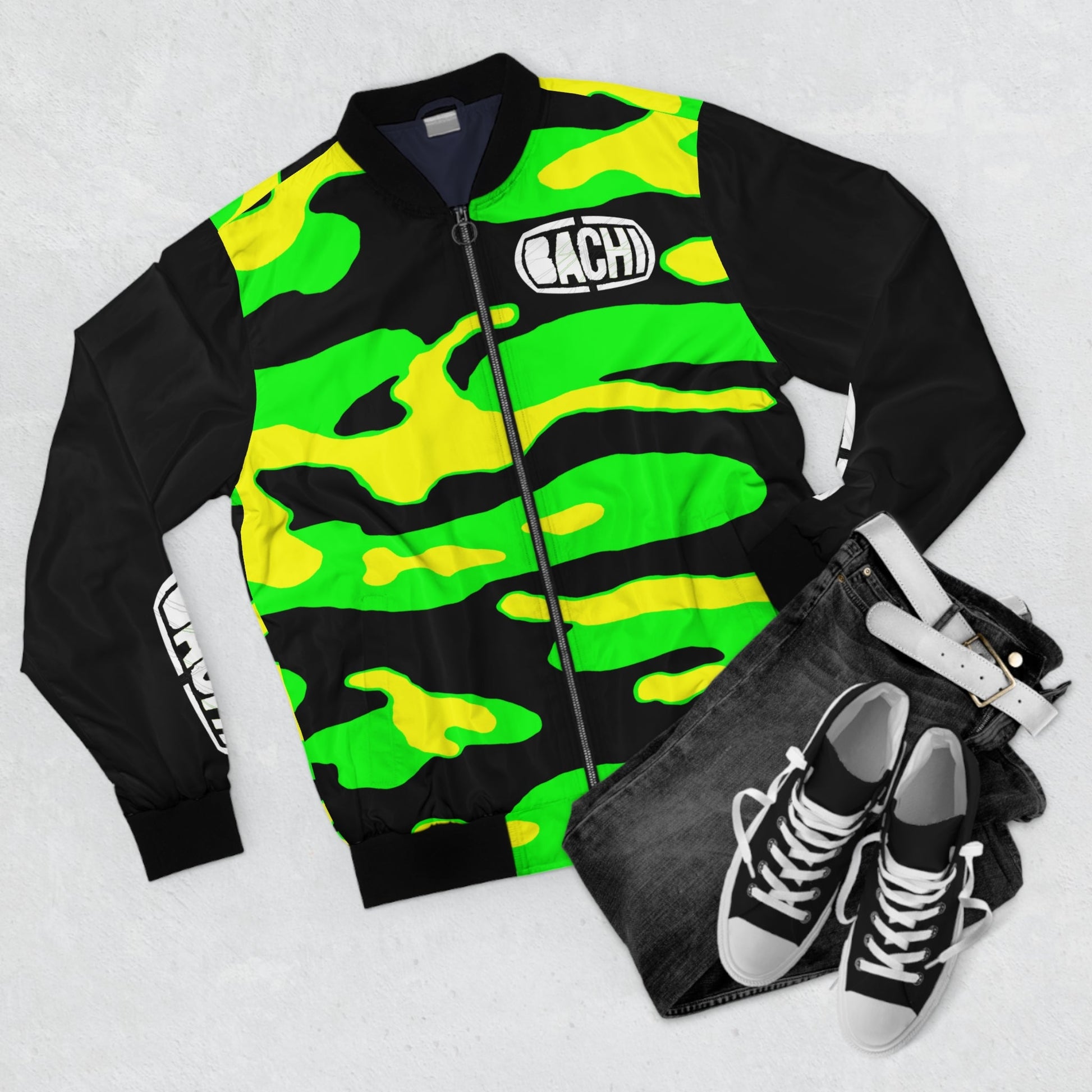 Men's Camo Green Black Bomber Jacket Printify