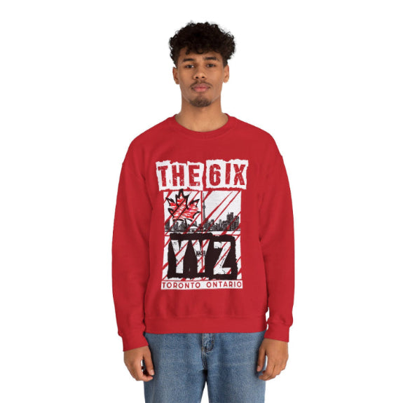 Person wearing a red sweatshirt with 'THE 6IX' and 'TORONTO, ONTARIO' text on a white background