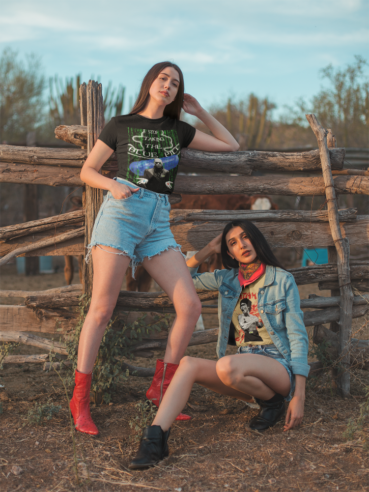 two women posing western background modeling graphic t-shirts