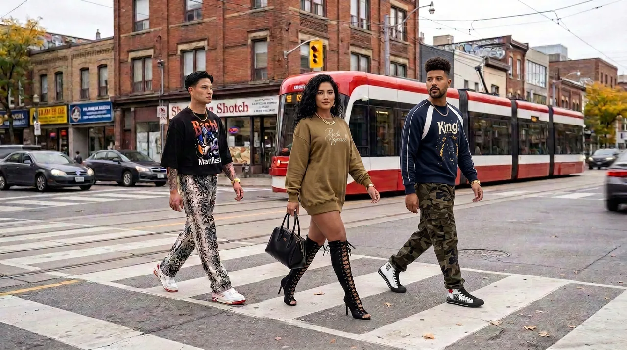 Three people walking across a Toronto crosswalk in front of a red streetcar, wearing Bachi Apparel graphic tees, a light-blue hoodie and grey sweats