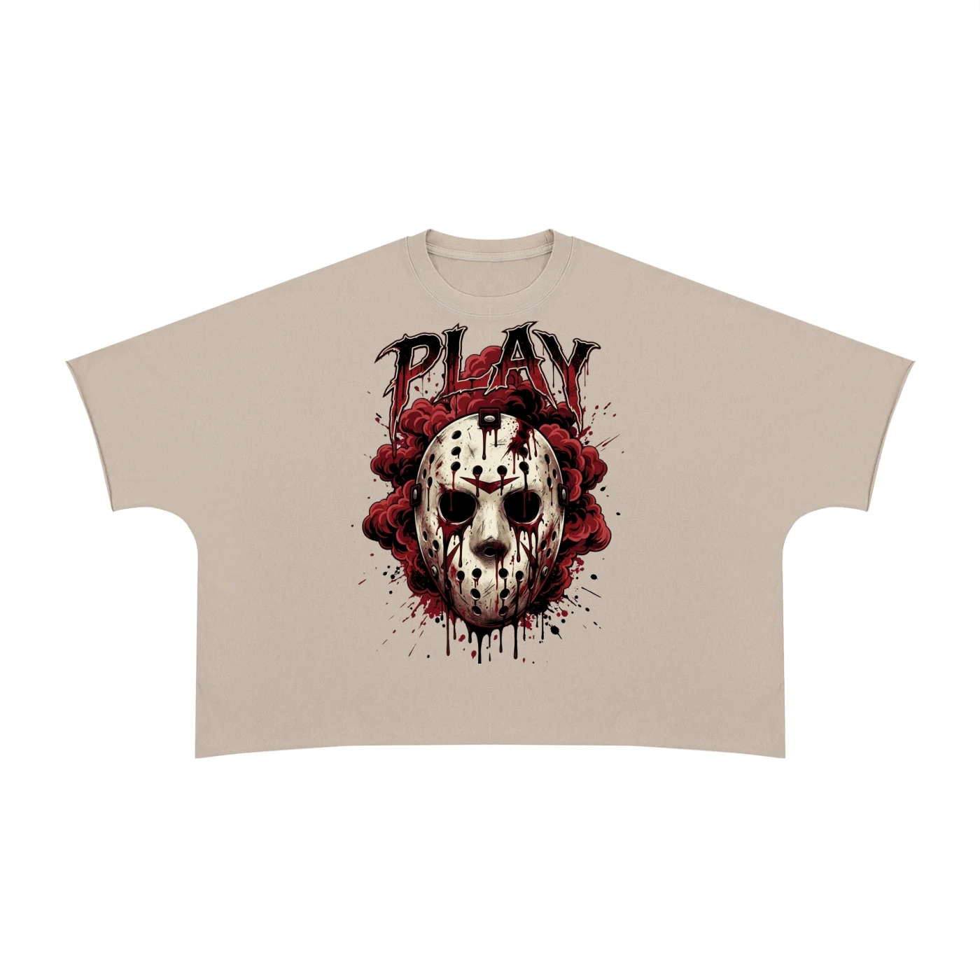 Sand Bachi Apparel PLAY tee with a bloody hockey-mask graphic, red smoke clouds and dripping PLAY lettering