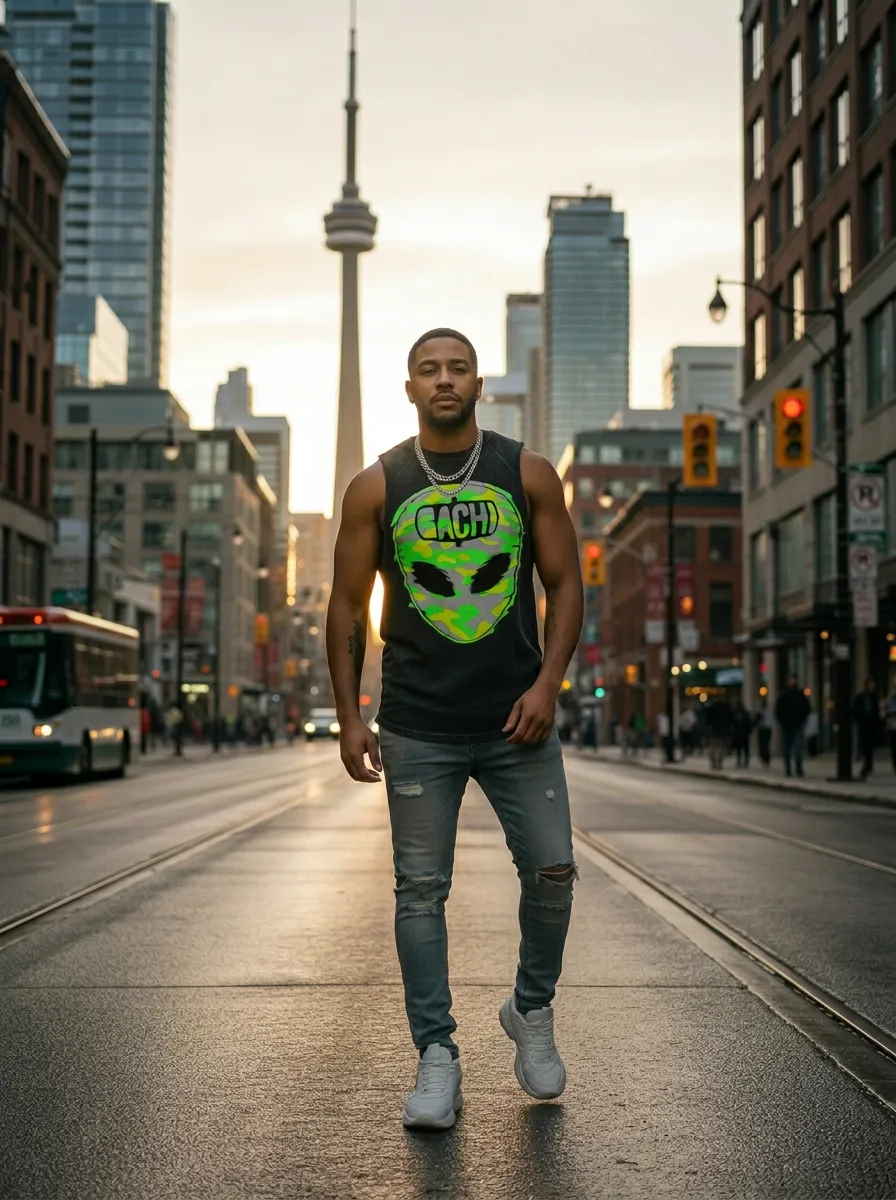 Model wearing Bachi Alien Nation tank top on a Toronto street at golden hour