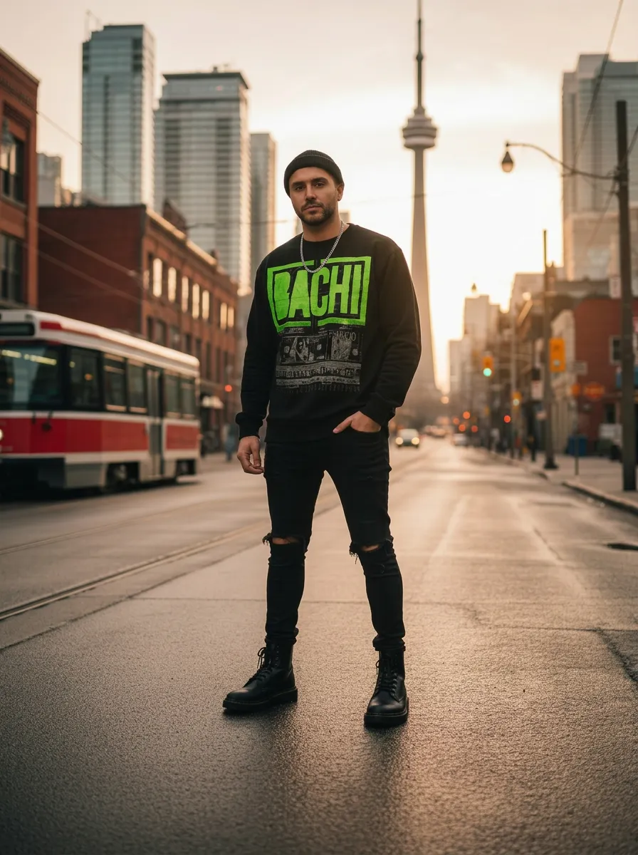 Model wearing Bachi Presidentes Muertos sweatshirt on Toronto streets at golden hour